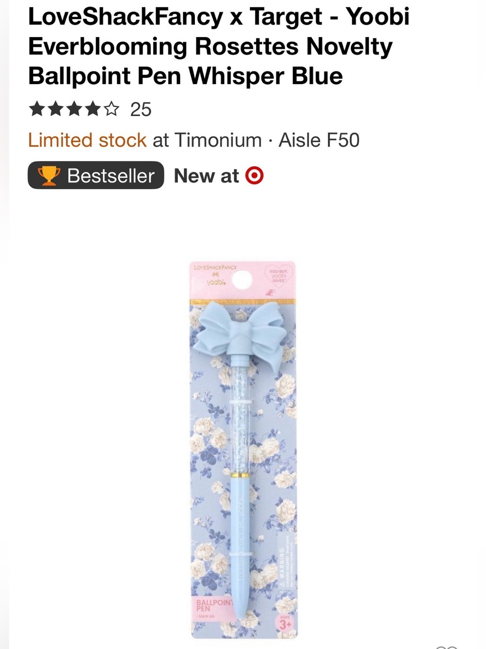 LoveShackFancy x Target Yoobi Whisper Blue Bow Ballpoint Pen